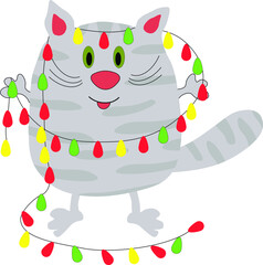 Cute cat whith a christmas garland cartoon illustration
