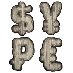 Set of symbols dollar, yen, rouble and euro made of industrial metal 3D