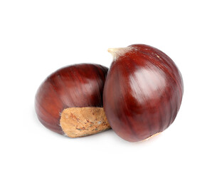 Fresh sweet edible chestnuts on white background