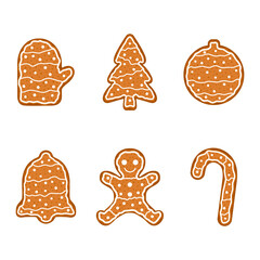 Gingerbread cookies icon set. Christmas cute food symbols. Vector illustration isolated on white.