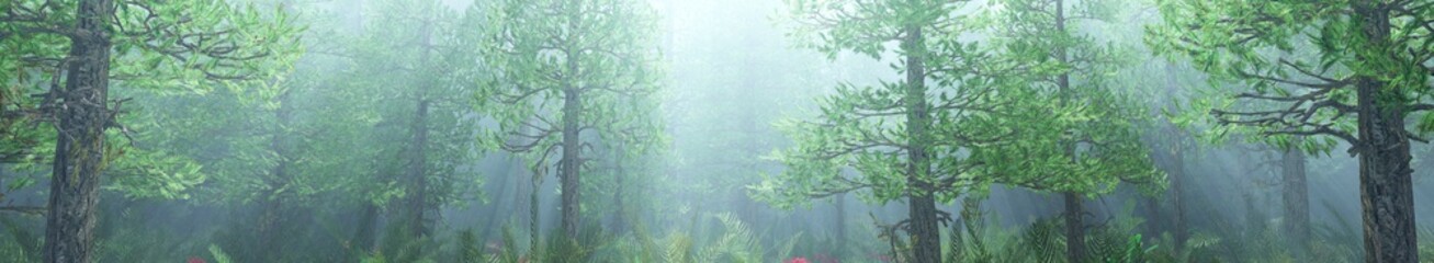 Pine forest in the fog, Christmas trees in the morning in the fog, forest in the haze, 3D rendering