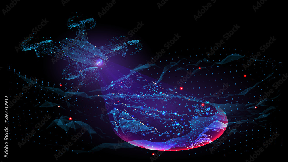 Poster Digital low poly 3d drone flying over landscape. Abstract vector quadcopter with camera scanning surface. Aerial videography, geological mapping or modern agricultural technology concept in dark blue