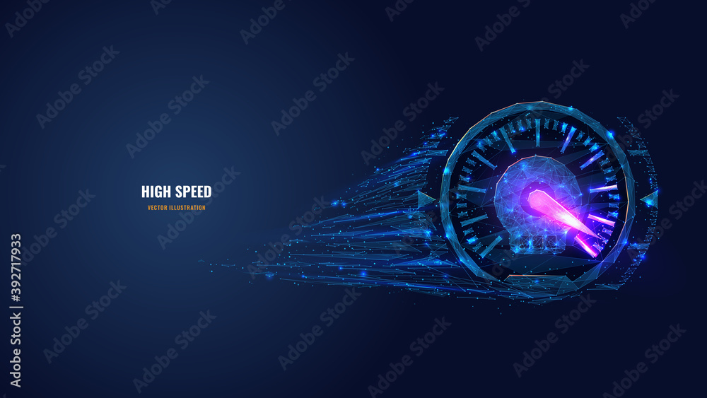 Poster Digital low poly 3d speedometer in dark blue. High speed, sport car speedometer or racing game concept. Abstract vector mesh image of speed indicator with connected dots, shapes and glowing particles