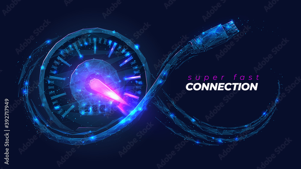 Poster Abstract low poly 3d network cable and speedometer in dark blue. Super fast internet connection, speed test gauge concept. Digital vector mesh wireframe with lines, dots, shapes and glowing particles