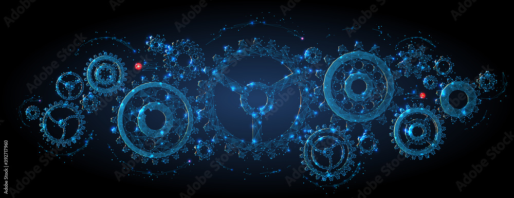 Poster Abstract vector 3d gear wheels in dark background. Cogs and gear wheel mechanisms concept. Digital polygonal blue mesh with dots, lines and shapes. Mechanical technology machine engineering wireframe