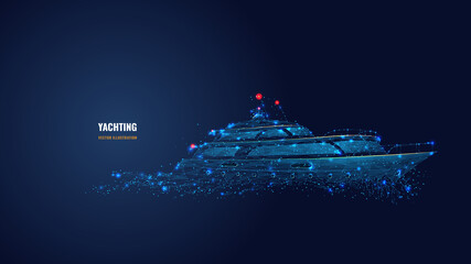 Abstract 3d illustration of yacht in dark blue. Yachting sport, sailing, business, travel concept. Digital vector mesh looks like starry sky. Low poly wireframe with lines, dots and glowing particles - obrazy, fototapety, plakaty