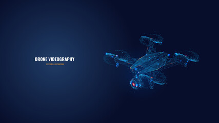 Digital vector 3d illustration of drone with camera in dark blue. Drone videography, aerial photography, modern technology concept. Abstract low poly quadcopter with dots, lines, stars and particles