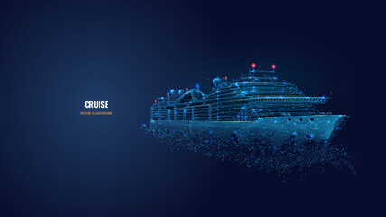 Digital low poly 3d cruise ship in dark blue. Travelling by sea, ocean voyage, business, cruise or holiday concept. Abstract vector wireframe of passenger liner with lines, dots, stars and particles - obrazy, fototapety, plakaty