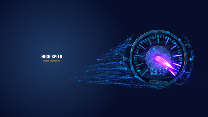 Digital low poly 3d speedometer in dark blue. High speed, sport car speedometer or racing game concept. Abstract vector mesh image of speed indicator with connected dots, shapes and glowing particles