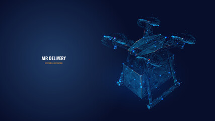 Obraz na płótnie Canvas Low poly wireframe of drone with package. Digital 3d quadcopter and parcel in dark blue. Air delivery service or modern technology concept. Abstract vector mesh art with lines, dots and particles
