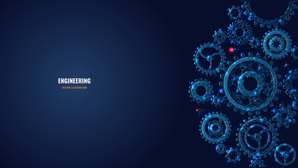 Digital low poly 3d gears. Cogs and gear wheel mechanisms in dark blue. Engineering or mechanical technology concept. Abstract vector mesh illustration with dots, lines, stars and glowing particles
