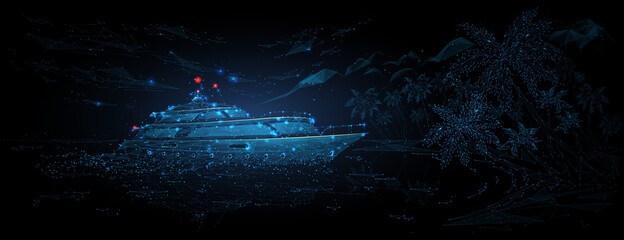 Abstract 3d yacht in the sea, beach and palms in dark blue. Yachting sport, sailing, business, travel concept. Digital vector wireframe with connected dots. Low poly mesh art looks like starry sky