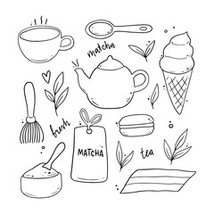 Set of hand drawn matcha tea ingredient and traditional ceremony elements, cup, spoon, matcha leaf. Doodle sketch style illustration.