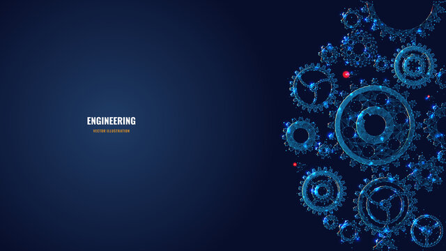 Digital Low Poly 3d Gears. Cogs And Gear Wheel Mechanisms In Dark Blue. Engineering Or Mechanical Technology Concept. Abstract Vector Mesh Illustration With Dots, Lines, Stars And Glowing Particles