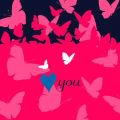 Fototapeta na wymiar Love you card. Butterfly background. Silhouette illustration