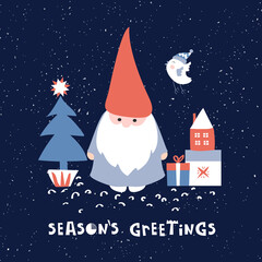 Fototapeta na wymiar Christmas card with a cute little Gnome stock illustration. Art, Backgrounds, Bird, Celebration, Christmas