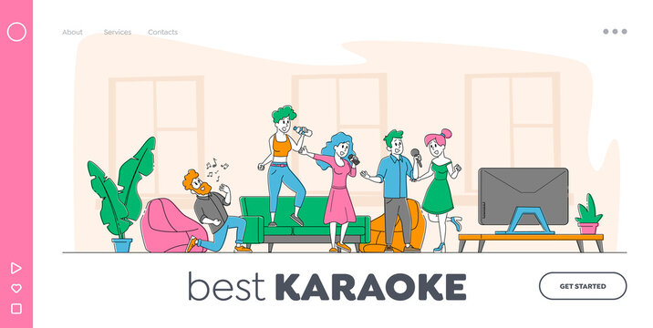 Young People Dancing and Singing Karaoke at Home Landing Page Template. Friends Company Characters Sing with Microphones