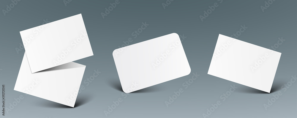 Poster realistic falling set business card, gift card paper placeholder template mockup with shadows effect