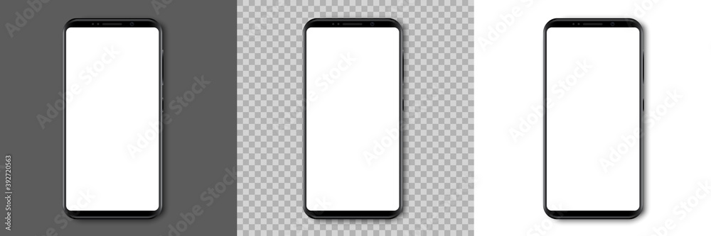 Poster set high quality realistic black smartphone with white empty touch screen on gray, transparent and w