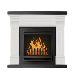 Classic Fireplace, Burning Stove With Fire Inside and Iron Grate Isolated on White Background, Indoors Heating System