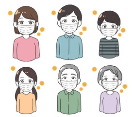 花粉症のためマスクをする家族　上半身