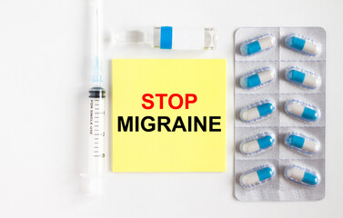 Yellow sticker with text Stop Migraine on a white background with syringes, pills and ampoule