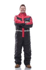 Fototapeta premium happy man in winter insulated overalls. isolated on a white