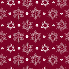 Seamless pattern with snowflakes. New year vector texture on a red background. Christmas design for packaging, textile, gift card.