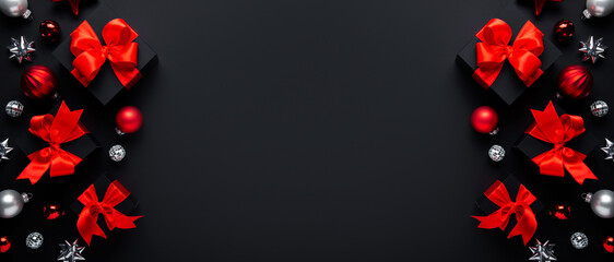 Merry Christmas and Happy Holidays greeting card, frame, banner. New Year. Noel. Christmas ornaments and gifts on black background top view. Winter xmas holiday theme. Flat lay	
