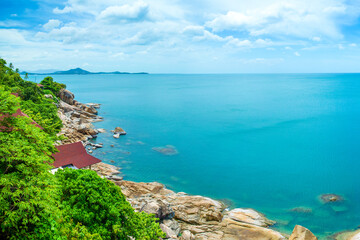 Beautiful tropical landscape of the green coast of Koh Samui island