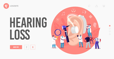 Hearing Loss, Deafness Landing Page Template. Deaf People with Hear Problem Visit Doctor for Treatment. Hearing Aid