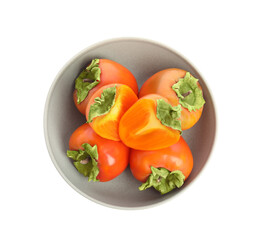 Bowl with delicious fresh persimmons isolated on white, top view