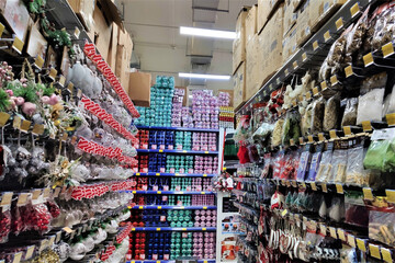 Shop market with Christmas, New Year s toys and decorations.