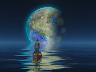 Man in boat on water surface against the planet. 3D rendering