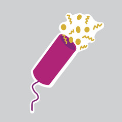 Christmas sticker with exploding confetti or party popper, holiday element ready for print, raster illustration