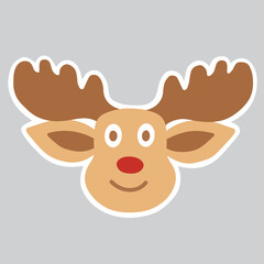 Christmas sticker with deer Ralf head, holiday element ready for print, raster illustration