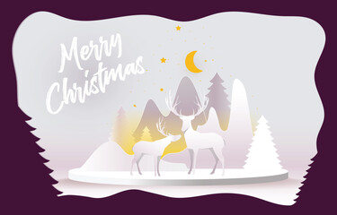 Christmas card paper art concept, Santa claus and reindeer on abstract background with gift, snow, star, Christmas tree, design for web banner, poster, Christmas invitation card and new year festival.