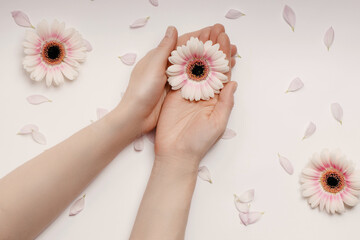 Beautiful well-groomed women's hands with a white flower on the table, anti-aging and anti-wrinkle cosmetics for hands. The care of hands, moisturizing skin and Spa