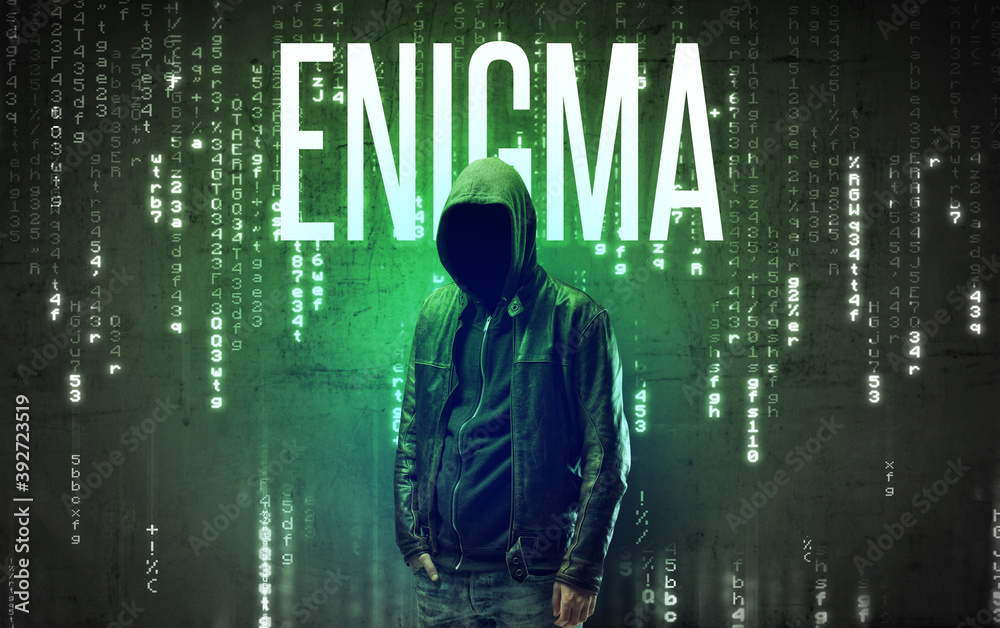 Wall mural faceless hacker with enigma inscription, hacking concept