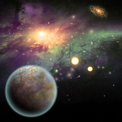 Deep space scene. Mystic planet. 3D rendering