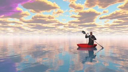 Foto op Canvas Man rowing oars in the red upturned umbrella on water. 3D rendering © rolffimages