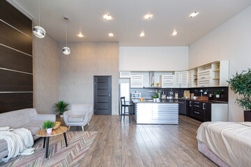 Contemporary ordinary design of spacious studio in soft warm colors. Simple furniture. Light large room with sunlight. Daytime. Tiled brown floor and white walls .