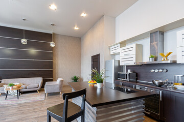 Contemporary ordinary design of spacious studio in soft warm colors. Simple furniture. Light large room with sunlight. Daytime. Tiled brown floor and white walls .