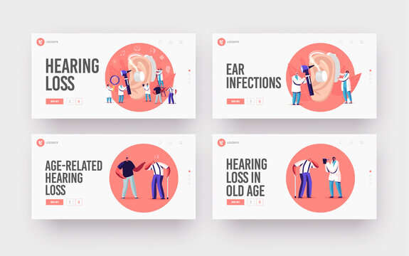 Hearing Loss, Deafness Landing Page Template Set. Deaf People with Hear Problem Visit Doctor Audiologist Treatment
