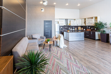 Contemporary ordinary design of spacious studio in soft warm colors. Simple furniture. Light large room with sunlight. Daytime. Tiled brown floor and white walls .