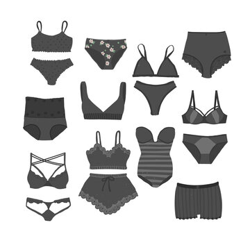 Women's black underwear - bra, panties, corset, bikini, monokini. Types of lingerie and swimwear. Vector illustration isolated on white background for design.