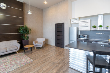 Contemporary ordinary design of spacious studio in soft warm colors. Simple furniture. Light large room with sunlight. Daytime. Tiled brown floor and white walls .