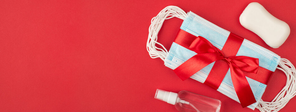 2021 New Year Celebration Concept. Top Above Overhead Close Up View Photo Of Pile Stack Of Disposable Masks Antiseptic And Soap Lying Isolated Bright Background With Blank Empty Space