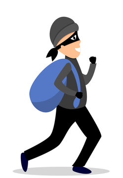 Thief on a white background. The thief runs away with a bag of money, stolen things. Angry man with a bag. Vector illustration