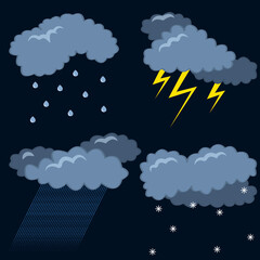 Weather signs and symbols. Bad weather. Clouds, little rain, heavy rain, lightning, snow. Vector illustration